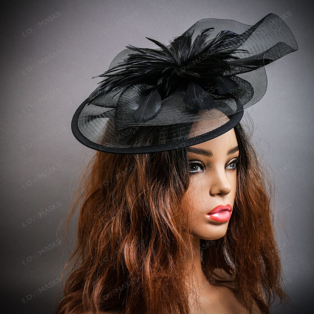 Flower Mesh Kentucky Derby Hat Fascinator Feather Headband - Black - Picture 2 of 5